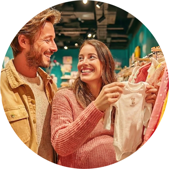 Man en zwangere vrouw zijn in de winkel aan het shoppen voor babykleding