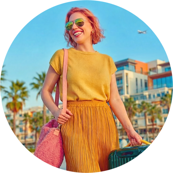 Vrouw met zonnebril loopt met een koffer in de hand op een vakantiebestemming